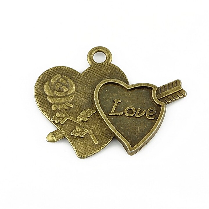 Pandantiv metalic bronz  inima "love" 27x33mm