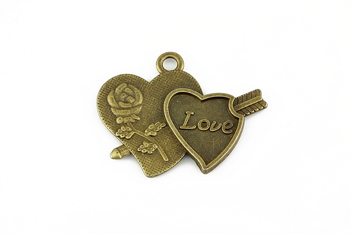 Pandantiv metalic bronz  inima "love" 27x33mm