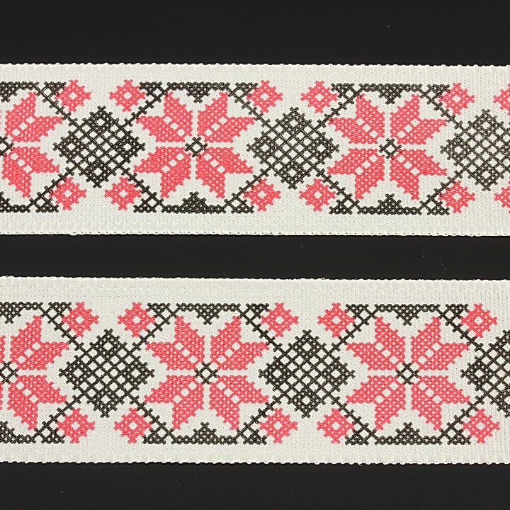Panglica imprimata cu model folcloric, latime 2,5cm (1m) - negru si rosu