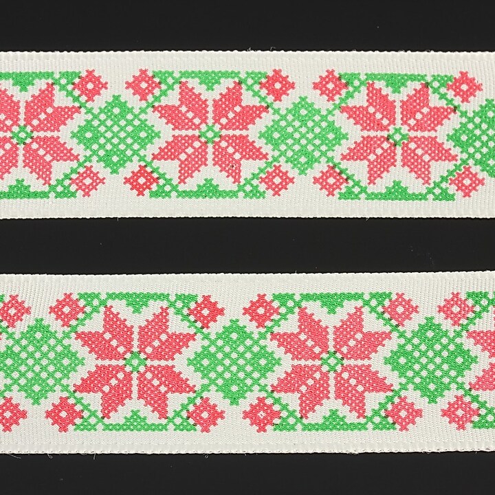 Panglica imprimata cu model folcloric, latime 2,5cm (1m) - verde si rosu