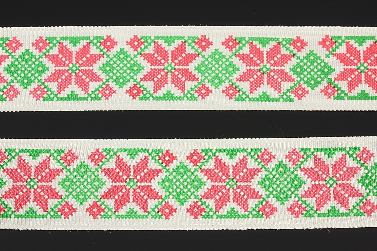 Panglica imprimata cu model folcloric, latime 2,5cm (1m) - verde si rosu