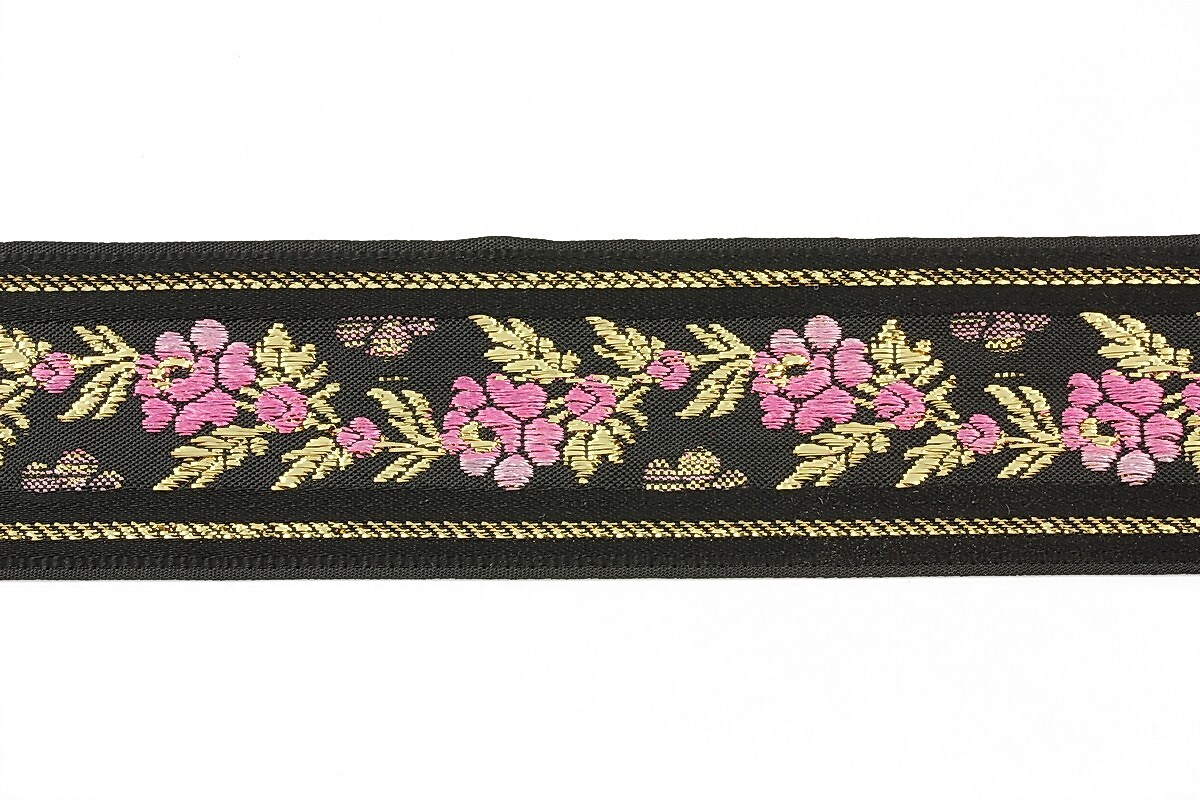 Panglica neagra tesuta cu trandafiri, latime 3,4cm (1m) - auriu si roz