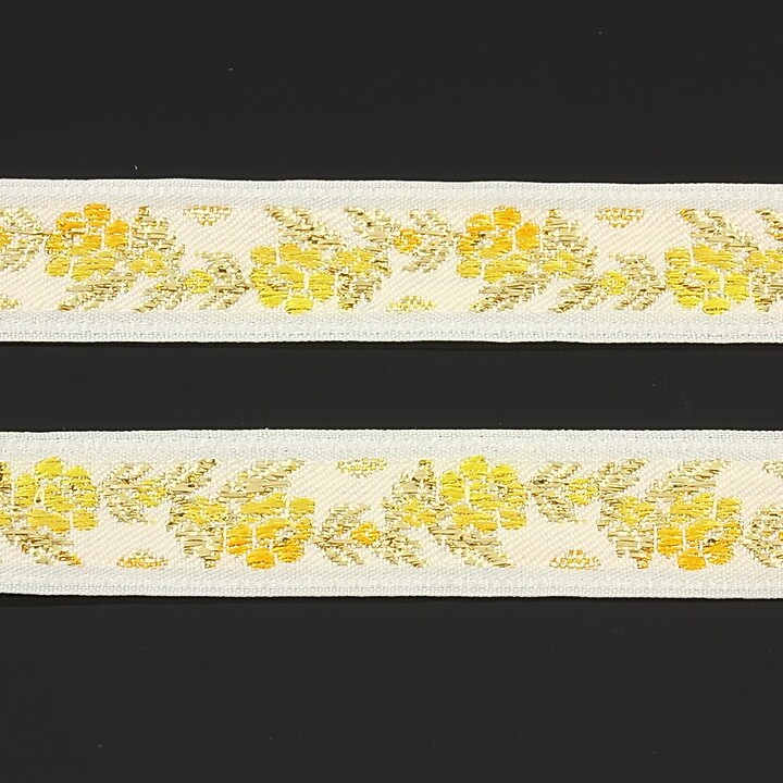 Panglica alba tesuta cu trandafiri, latime 1,6cm (1m) - auriu si galben