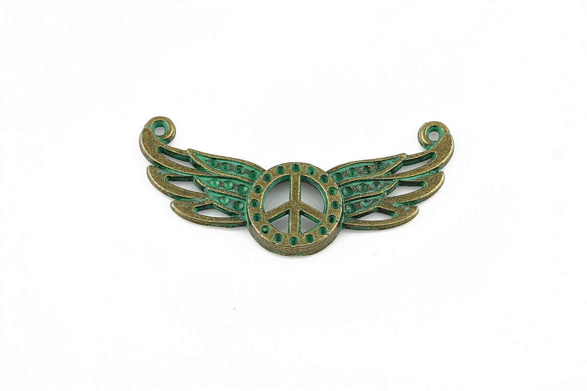 Link bronz antichizat cu patina verde, simbol peace cu aripi 33x18mm