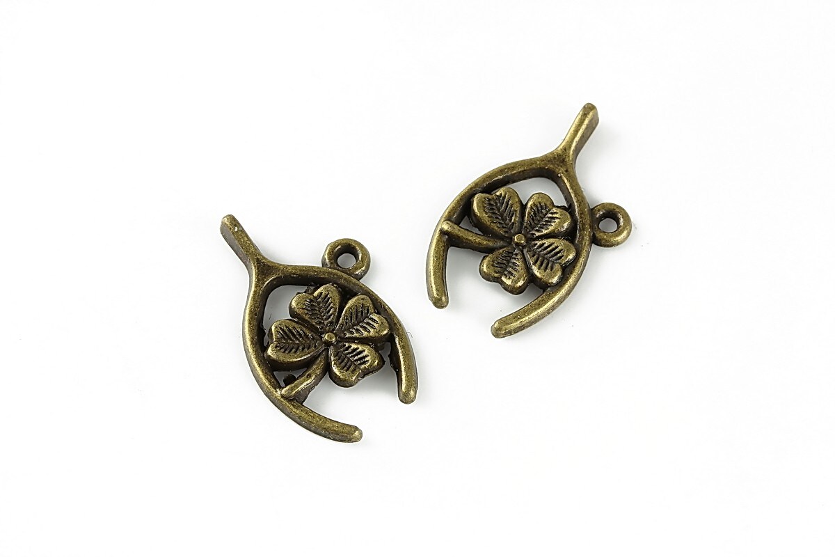 Charm bronz simbol noroc trifoi, 18x23mm