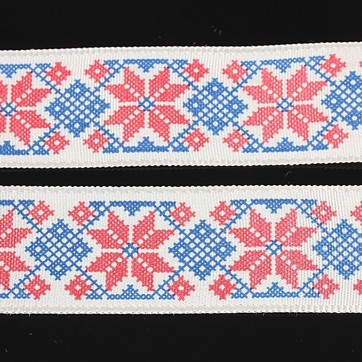 Panglica imprimata cu model folcloric, latime 2,5cm (1m) - albastru si rosu