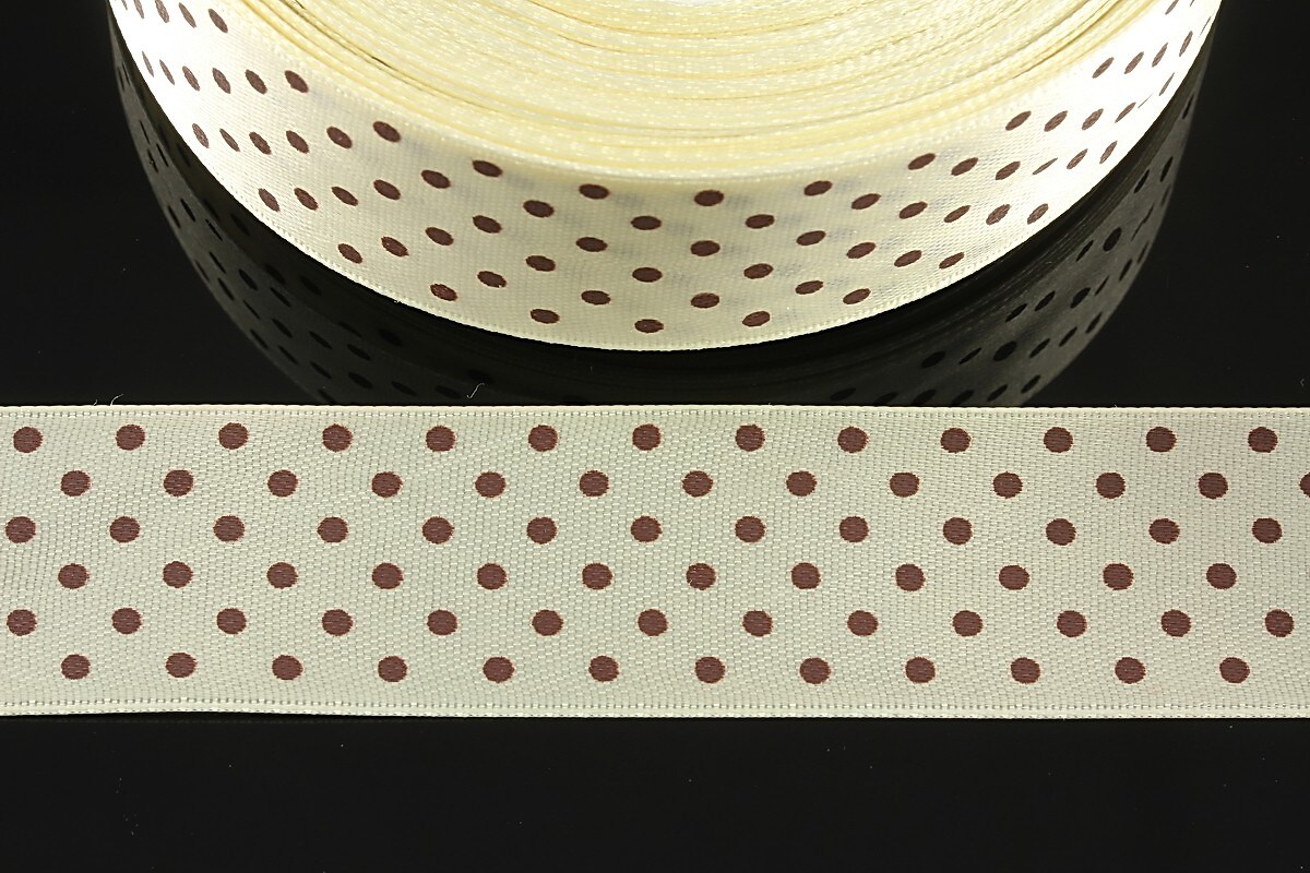 Panglica saten ivory cu buline maro latime 2,4cm (1m)