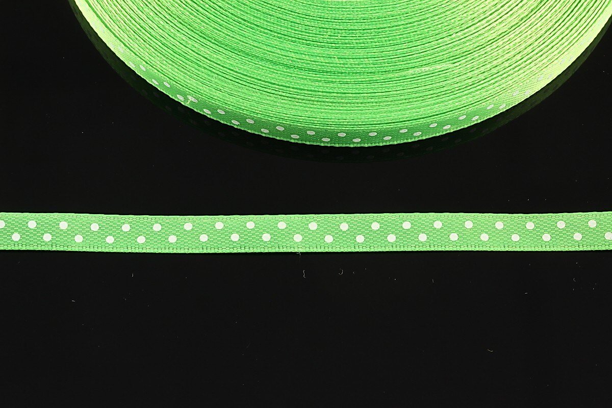 Panglica saten verde cu buline albe latime 0,6cm (1m)