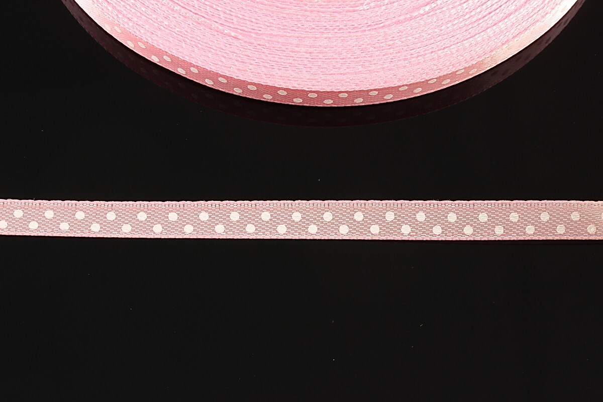 Panglica saten roz cu buline albe latime 0,6cm (1m)