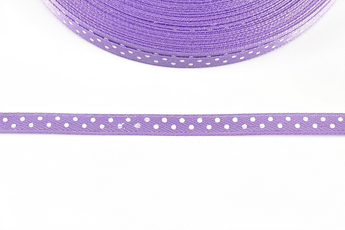 Panglica saten mov lavanda cu buline albe latime 0,6cm (1m)