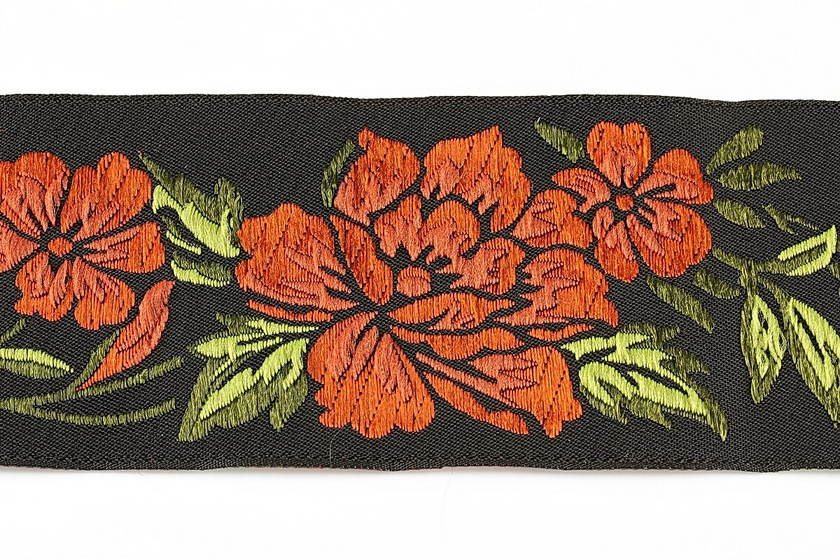 Panglica neagra brodata cu trandafiri, latime 5cm (1m) - verde si portocaliu