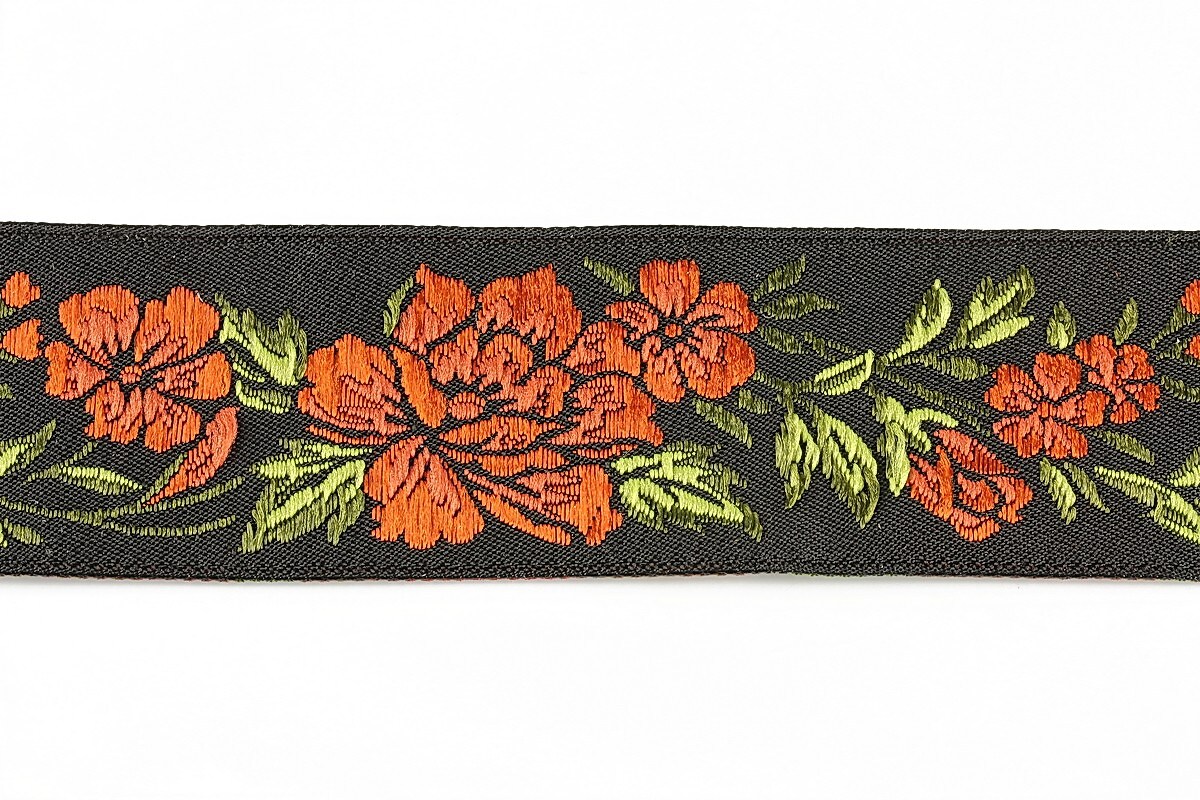 Panglica neagra brodata cu trandafiri, latime 3,2cm (1m) - verde si portocaliu