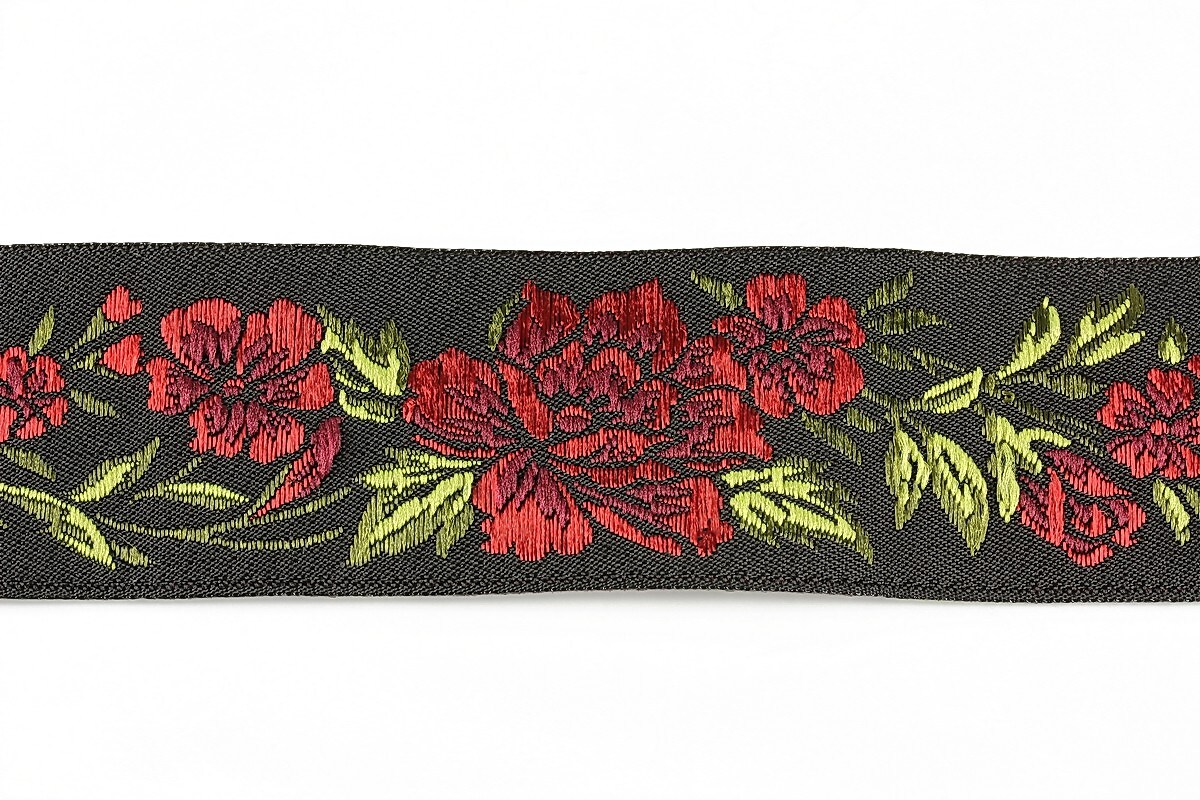 Panglica neagra brodata cu trandafiri, latime 3,2cm (1m) - verde si rosu
