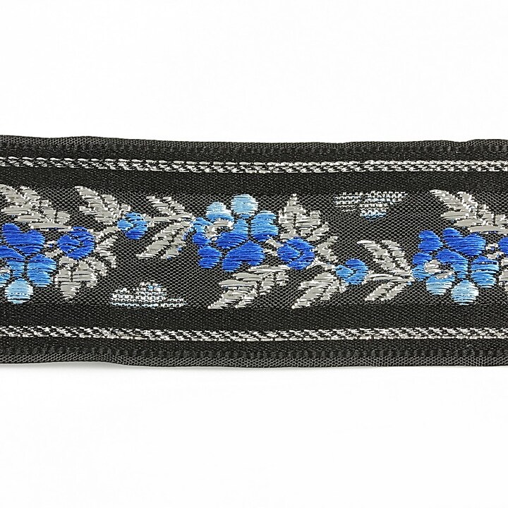 Panglica neagra brodata cu trandafiri, latime 3,2cm (1m) - argintiu si albastru