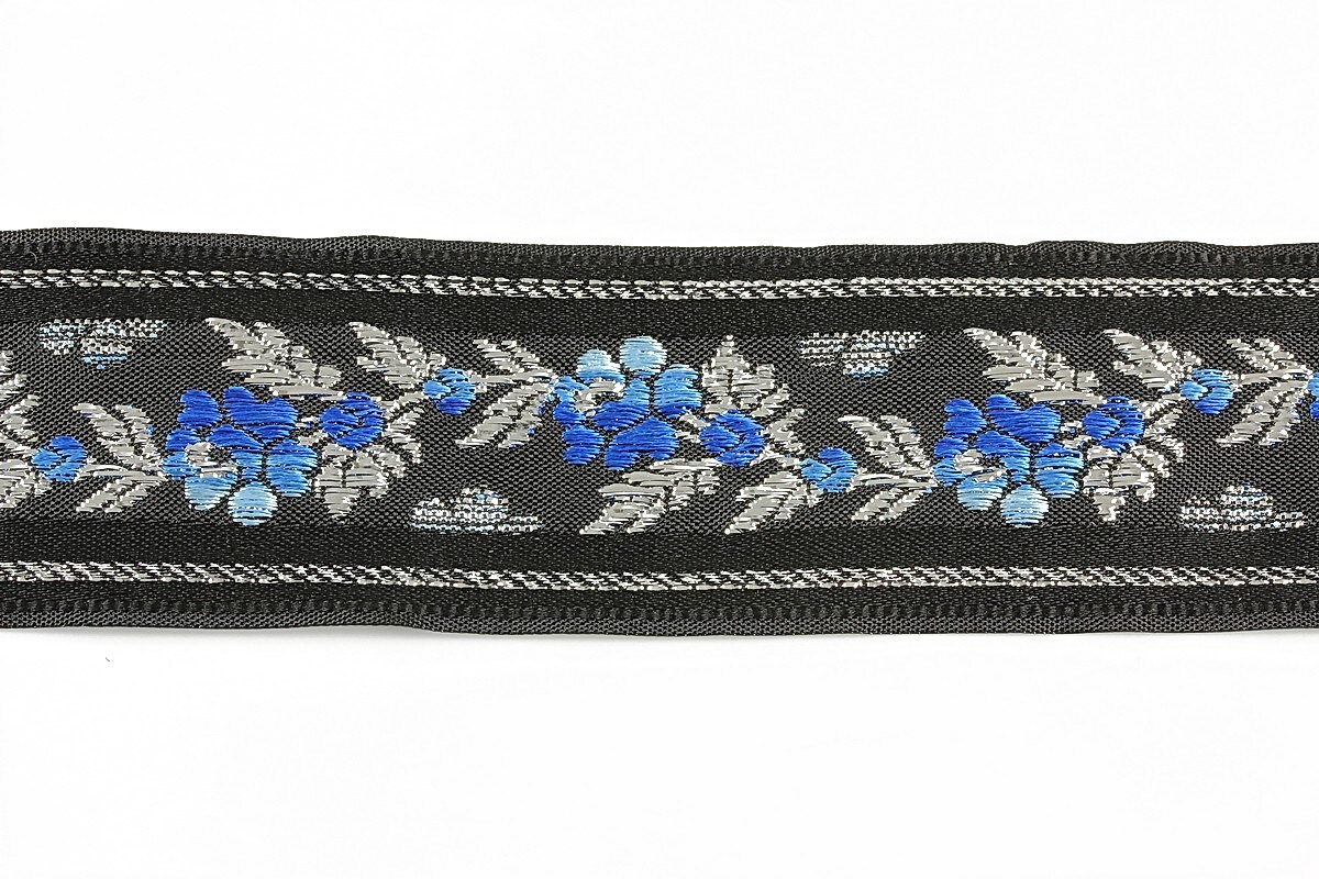 Panglica neagra brodata cu trandafiri, latime 3,2cm (1m) - argintiu si albastru
