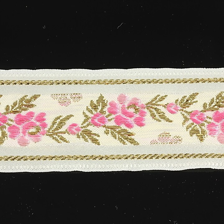 Panglica alba brodata cu trandafiri, latime 3,2cm (1m) - auriu si roz