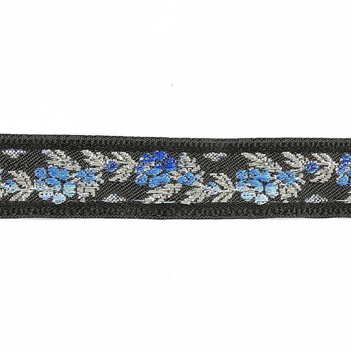Panglica neagra brodata cu trandafiri, latime 1,7cm (1m) - argintiu si albastru