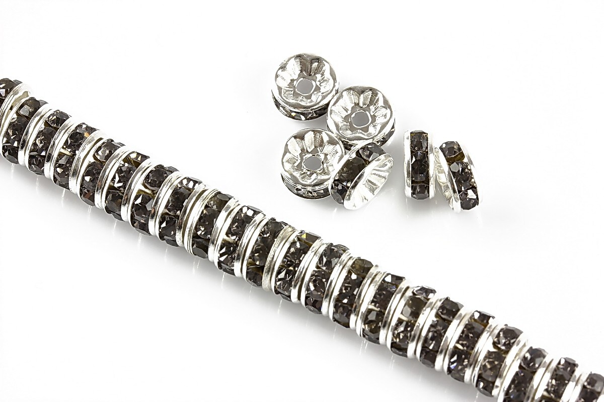 Distantiere argintii cu rhinestones gri 8mm (rondele 3,5x8mm)