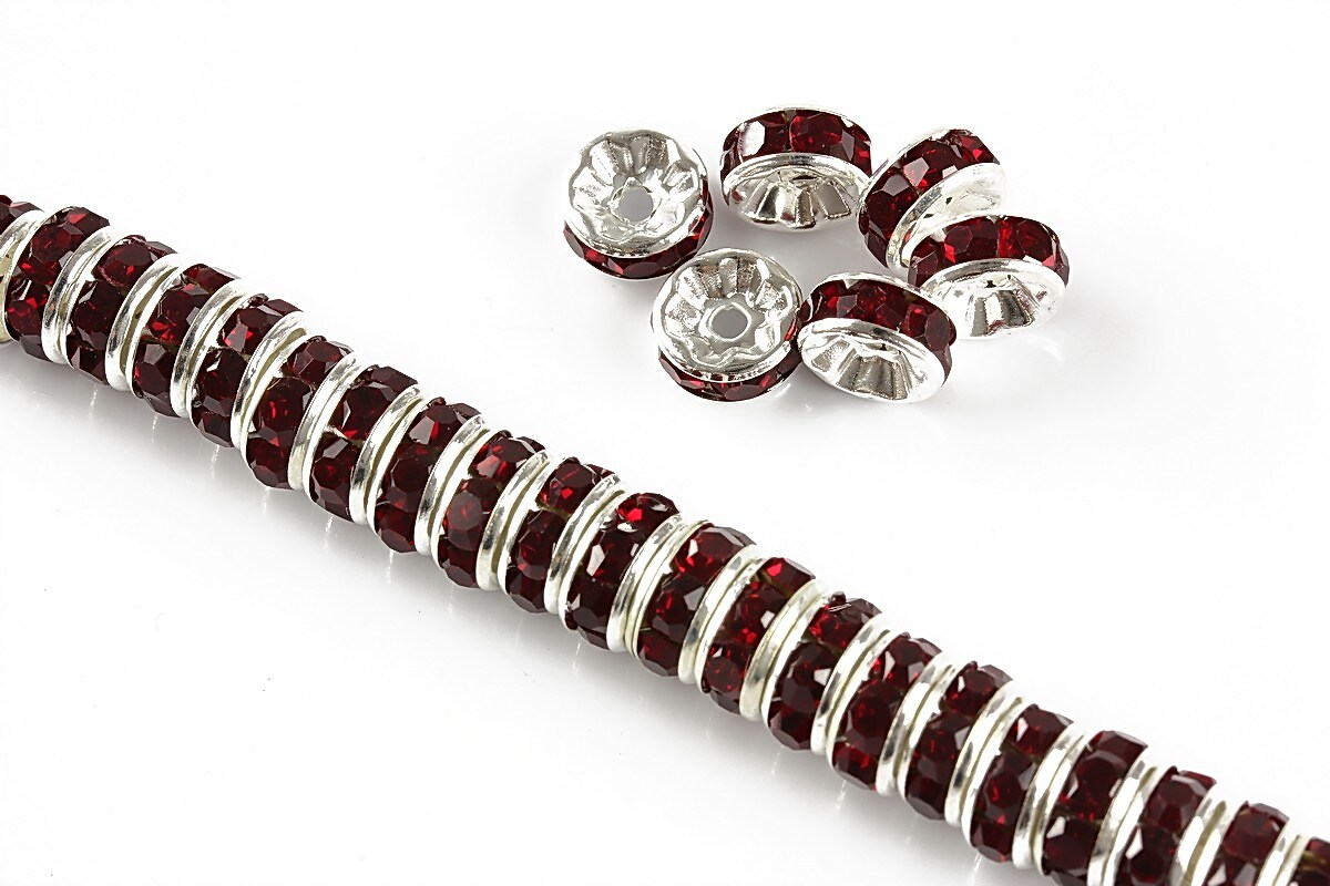 Distantiere argintii cu rhinestones rosu inchis 8mm (rondele 3,5x8mm)