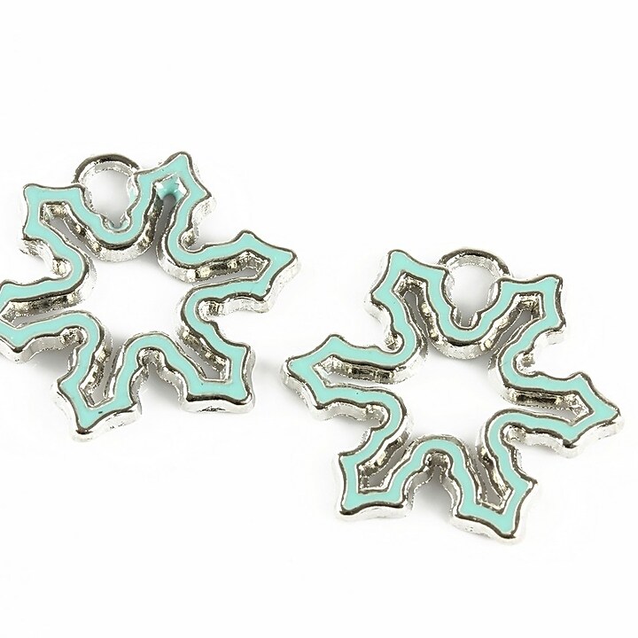 Charm argintiu inchis emailat fulg de nea 24mm - bleu