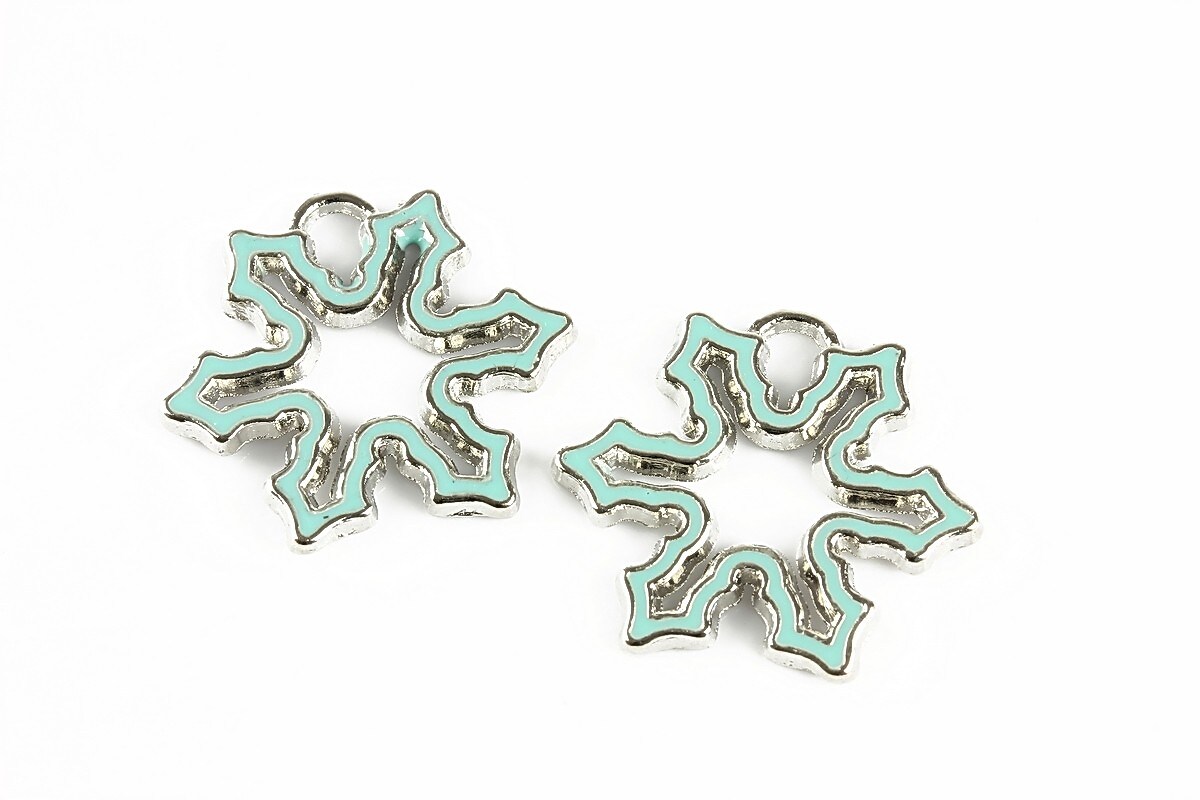 Charm argintiu inchis emailat fulg de nea 24mm - bleu