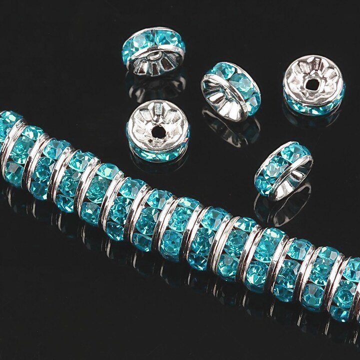Distantiere argintii cu rhinestones bleu 8mm (rondele 3,5x8mm)