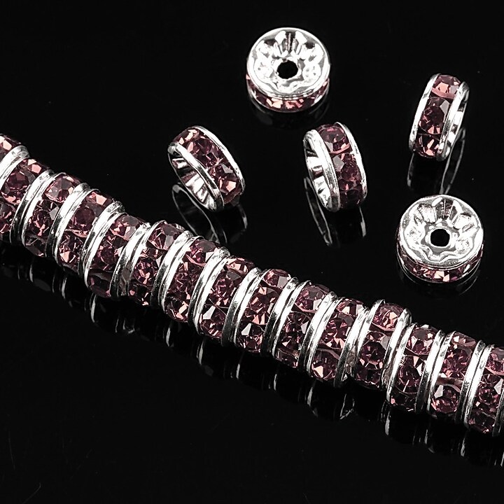 Distantiere argintii cu rhinestones mov 8mm (rondele 3,5x8mm)