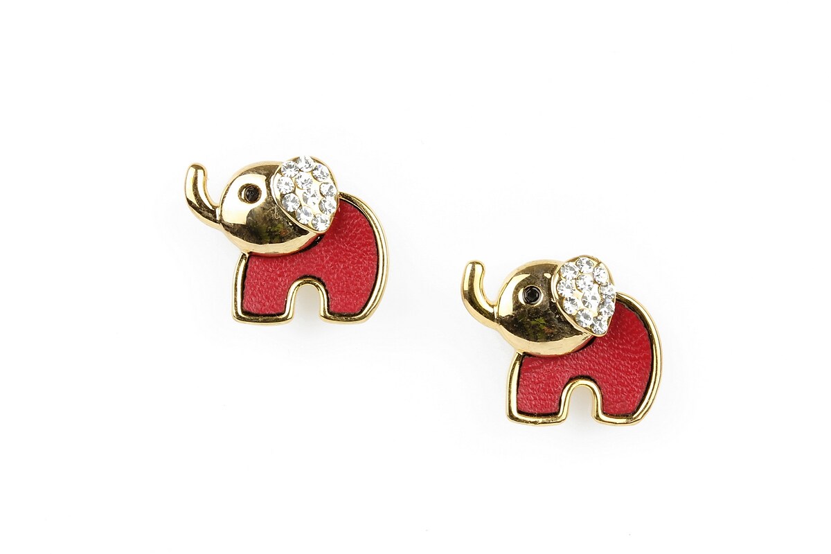 Cercei aurii elefant cu strasuri albe si corp din material textil rosu