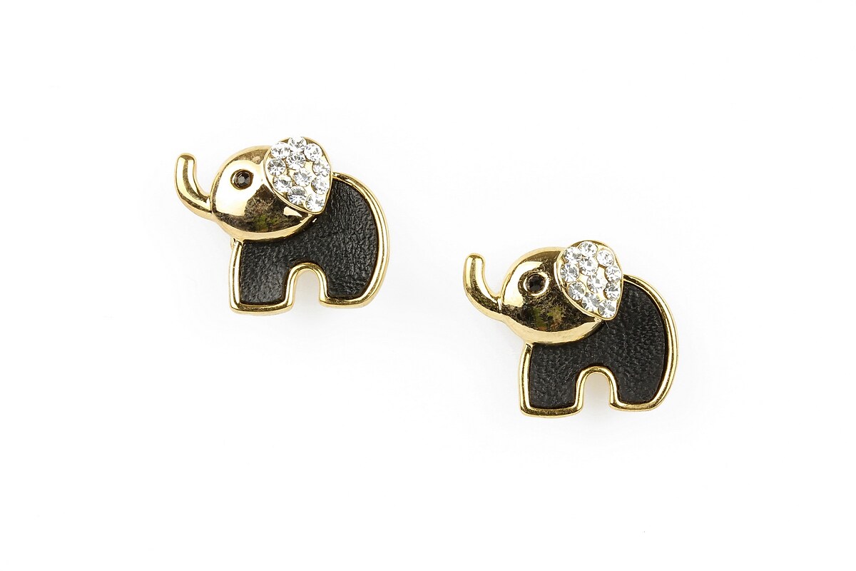 Cercei aurii elefant cu strasuri albe si corp din material textil negru