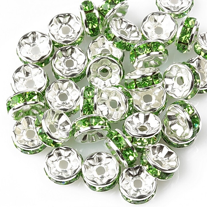 Distantiere argintii cu rhinestones verzi 8mm (rondele 3,5x8mm)