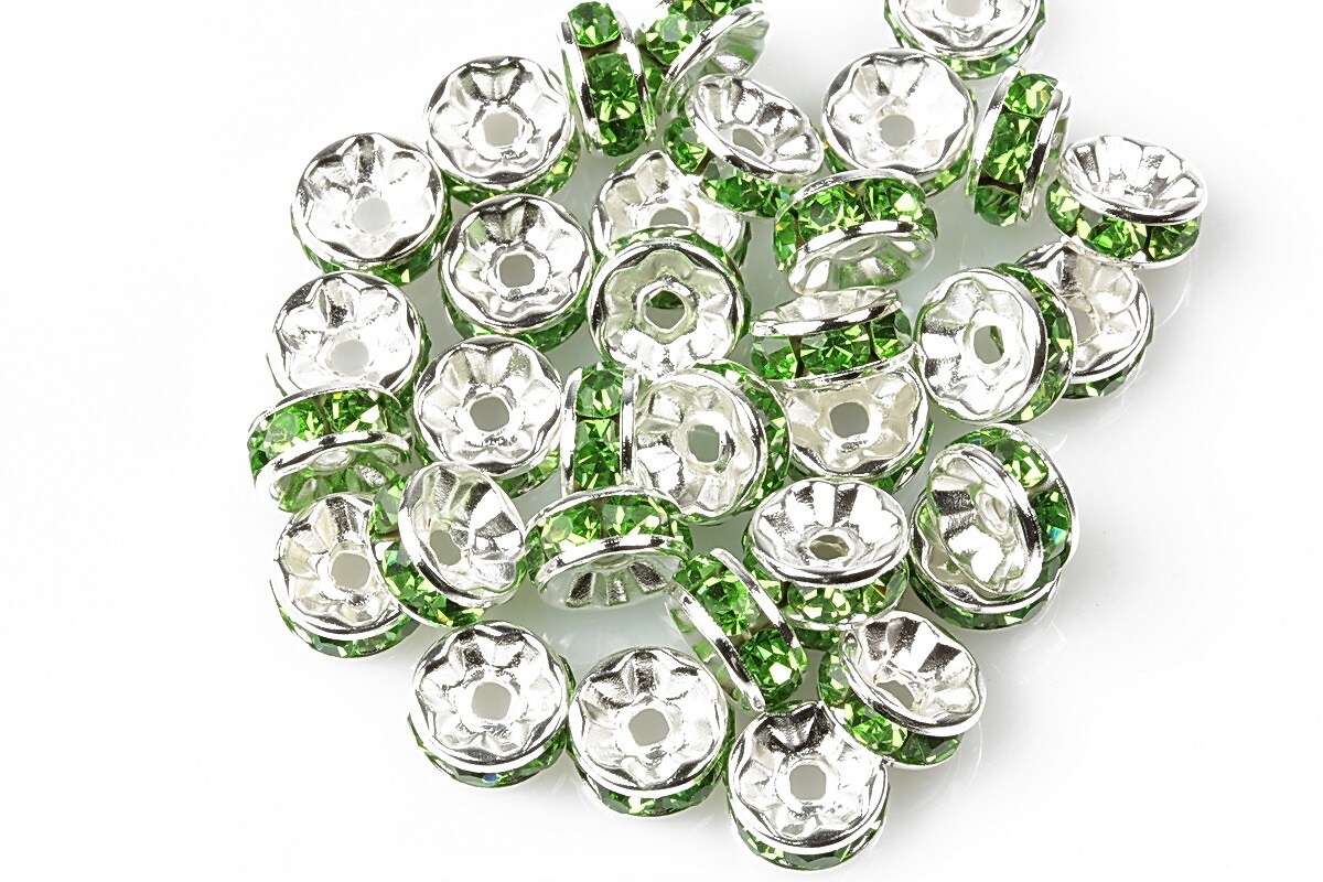 Distantiere argintii cu rhinestones verzi 8mm (rondele 3,5x8mm)