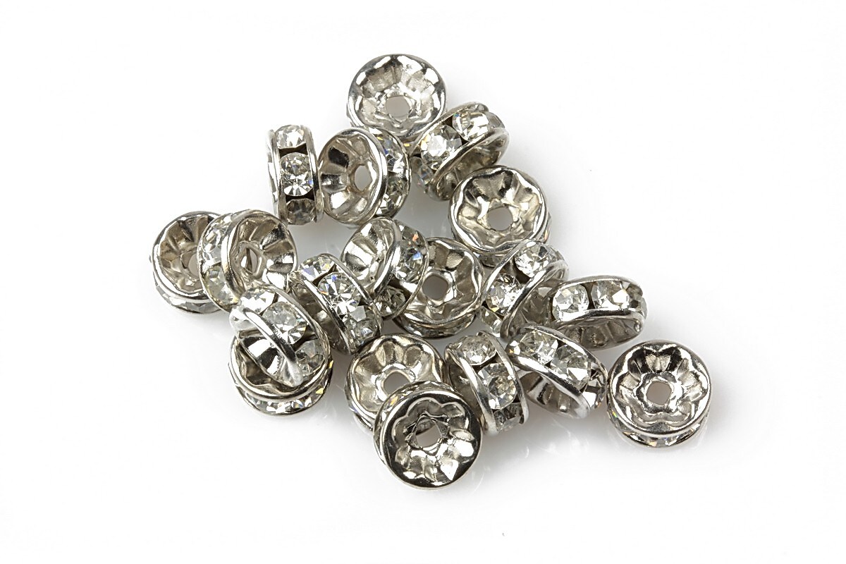 Distantiere argintiu inchis cu rhinestone albe 8mm