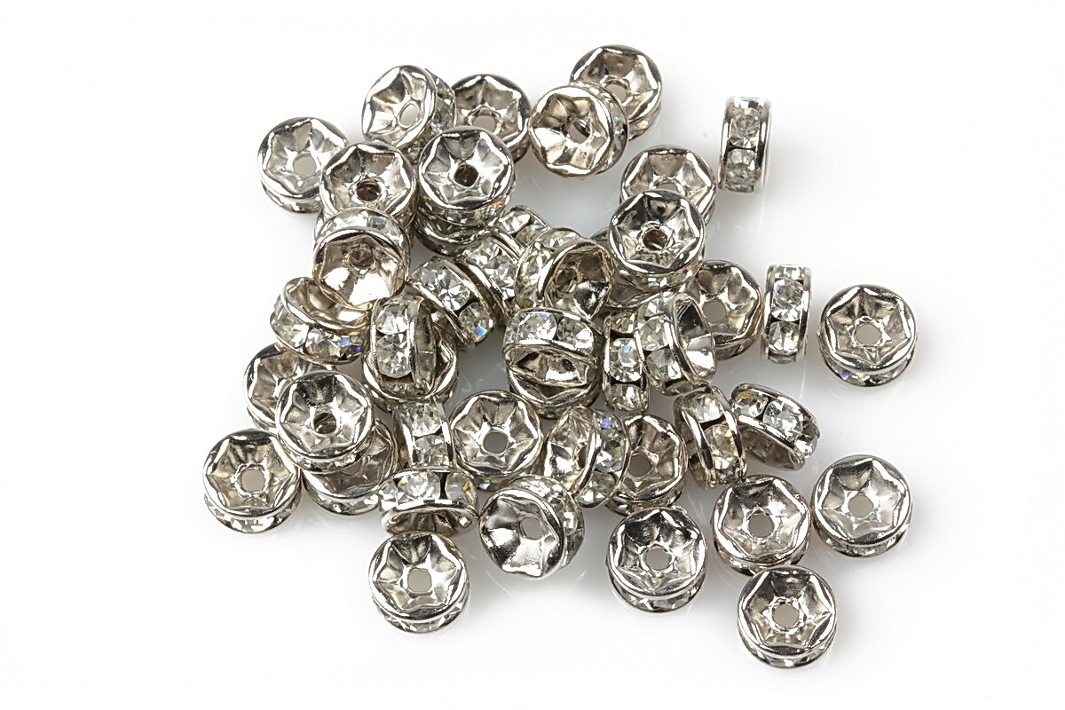 Distantiere argintiu inchis cu rhinestone albe 2,5x6mm