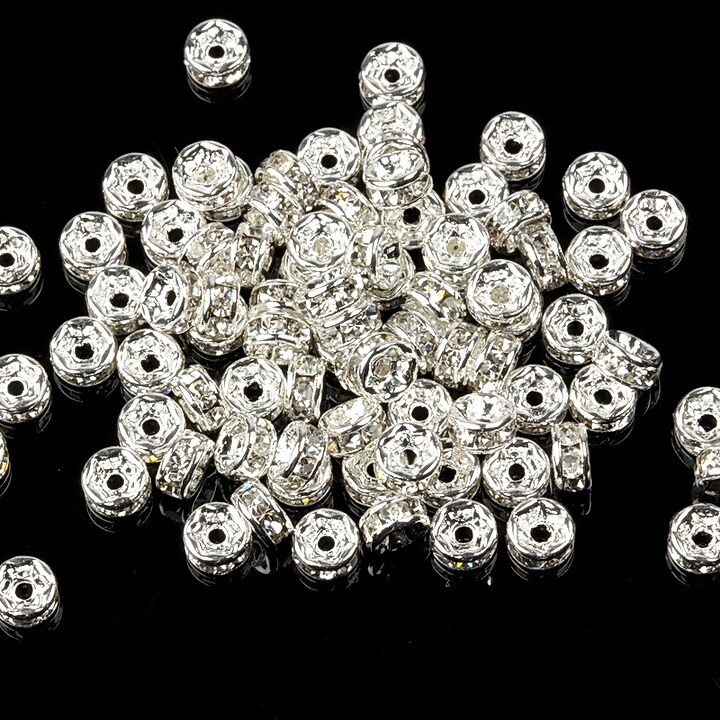 Distantiere argintii cu rhinestone albe 2x4mm