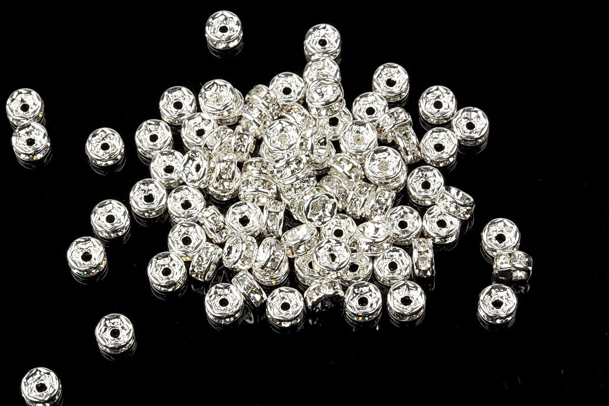 Distantiere argintii cu rhinestone albe 2x4mm