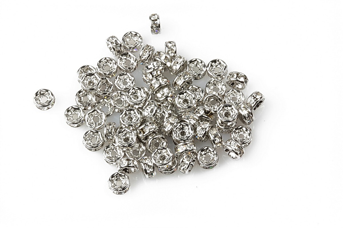 Distantiere argintiu inchis cu rhinestone albe 2x4mm