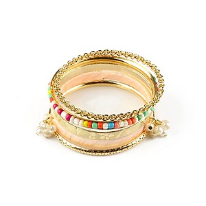 Set bratari aurii cu margele de nisip si perle - peach