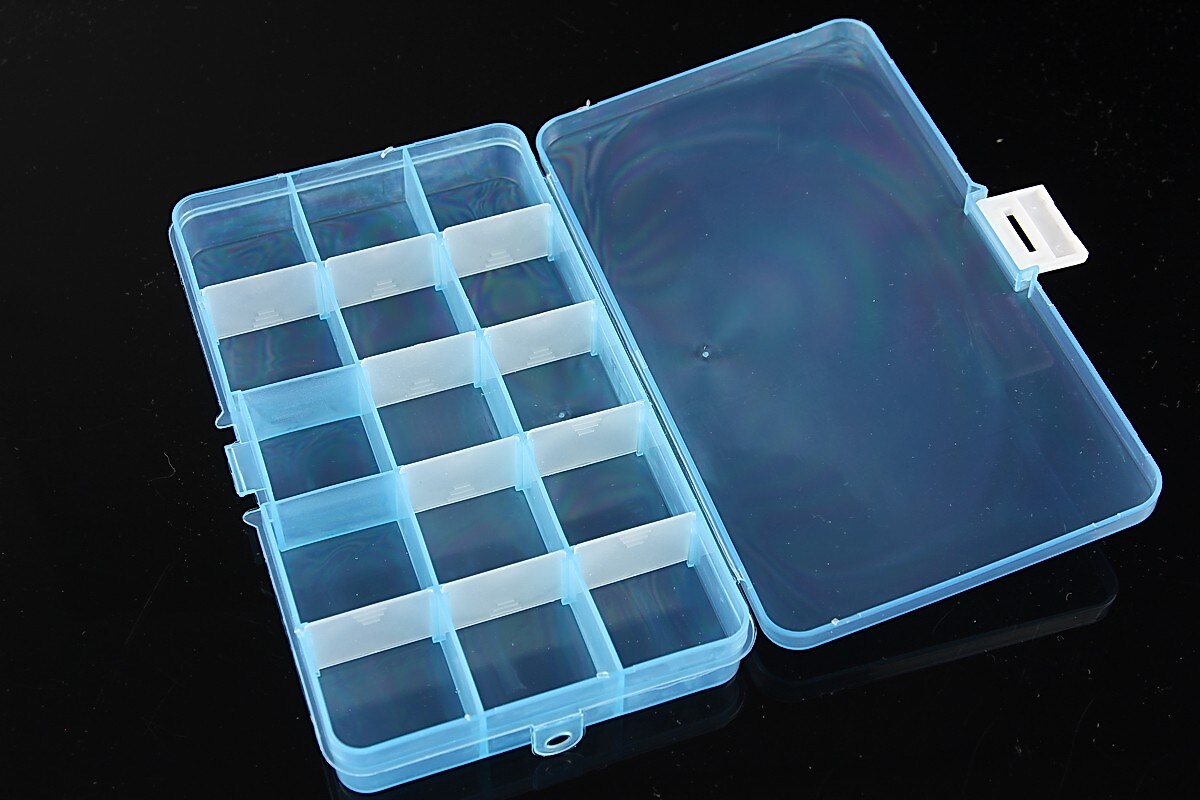 Cutie plastic pentru margele albastra cu 15 compartimente 19x10,2x2,2cm