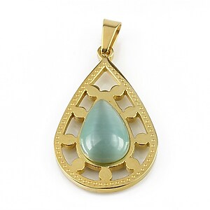 Pandantiv otel inoxidabil auriu 304, lacrima si cabochon ochi de pisica 41x20mm