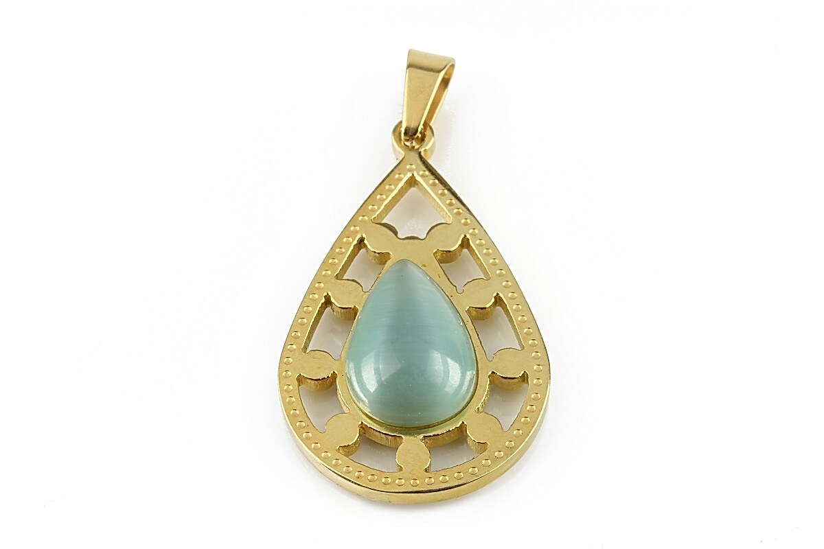 Pandantiv otel inoxidabil auriu 304, lacrima si cabochon ochi de pisica 41x20mm
