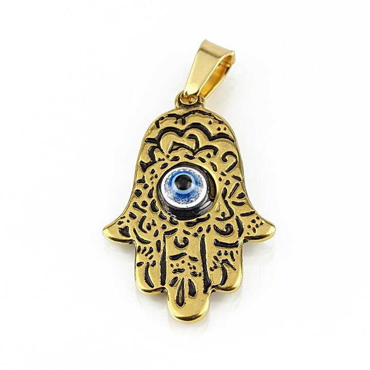 Pandantiv otel inoxidabil auriu 304, mana Hamsa si evil eye 38x19mm