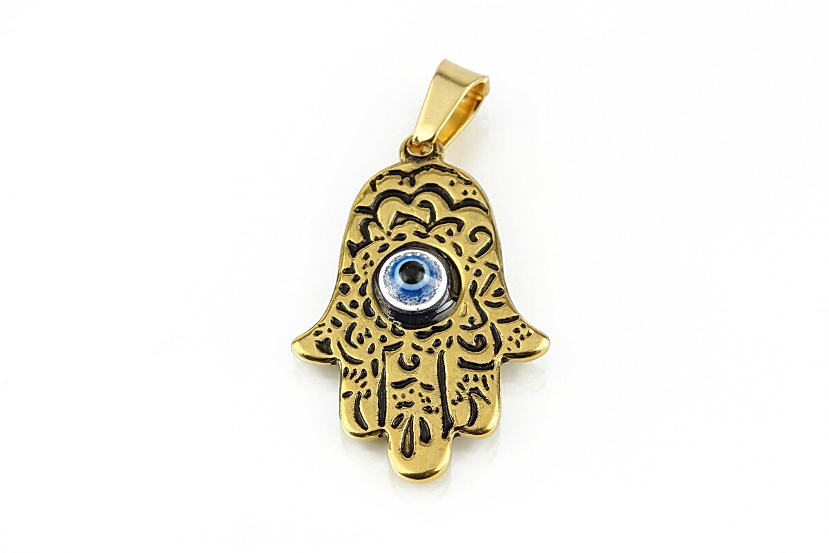 Pandantiv otel inoxidabil auriu 304, mana Hamsa si evil eye 38x19mm