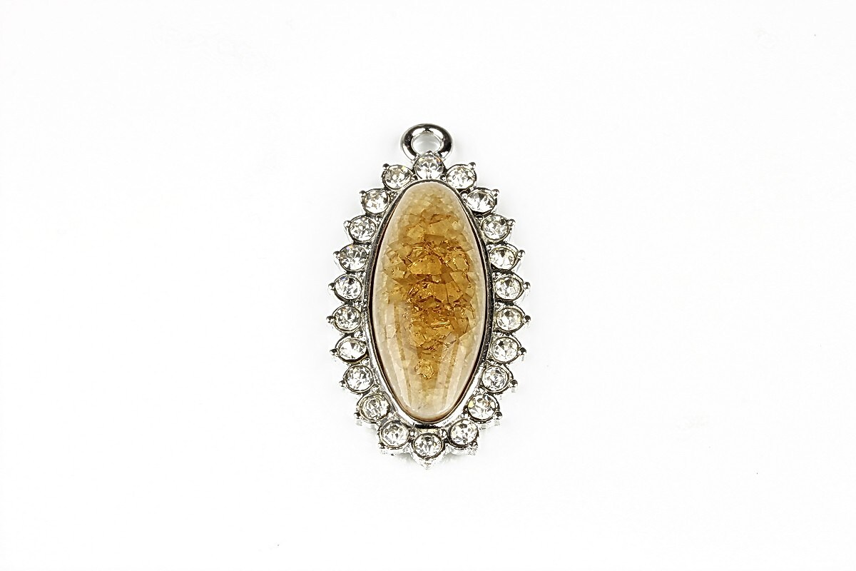 Pandantiv argintiu portelan crackle cu rhinestone albe 44x22mm