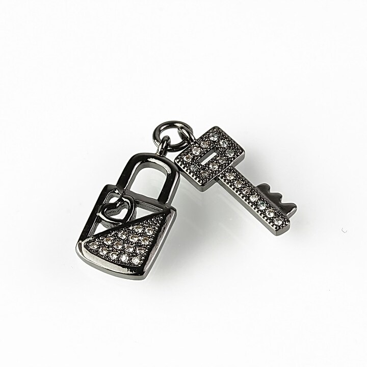 Charm lacat si cheie cu strasuri Cubic Zirconia 18x9mm - gun metal