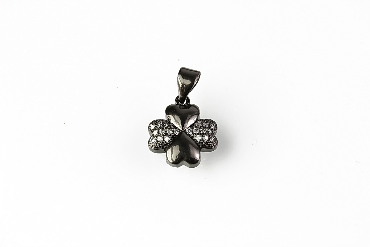 Charm trifoi cu strasuri Cubic Zirconia 14x12mm - gun metal