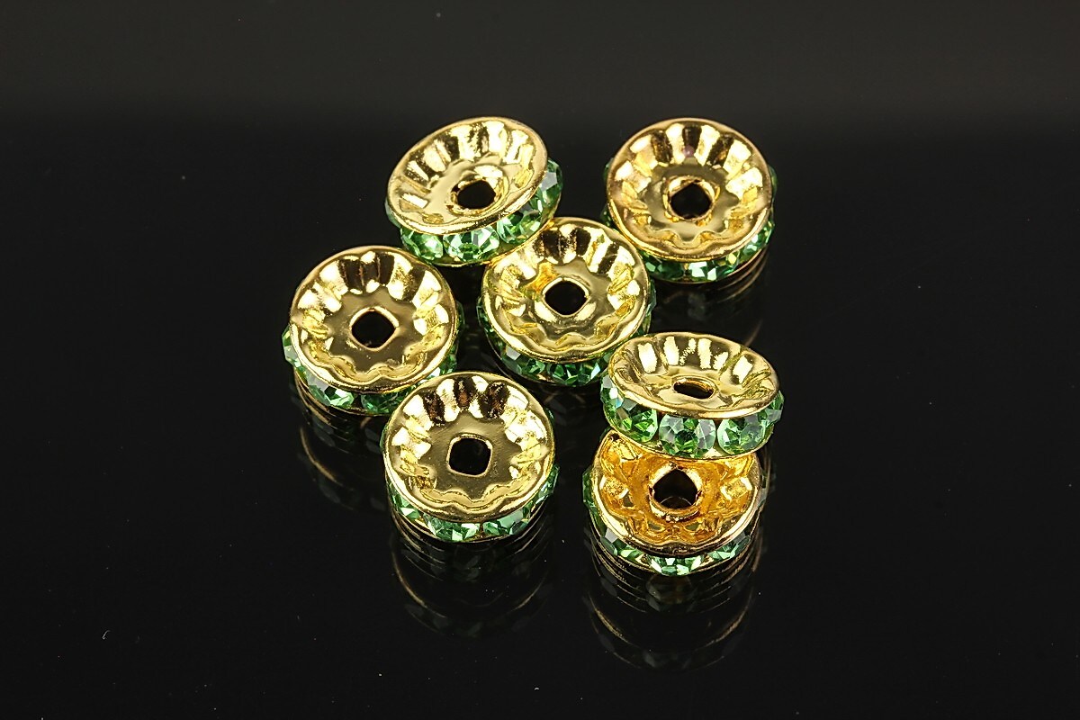 Distantiere aurii cu rhinestones verzi 10mm (rondele 3,5x10mm)