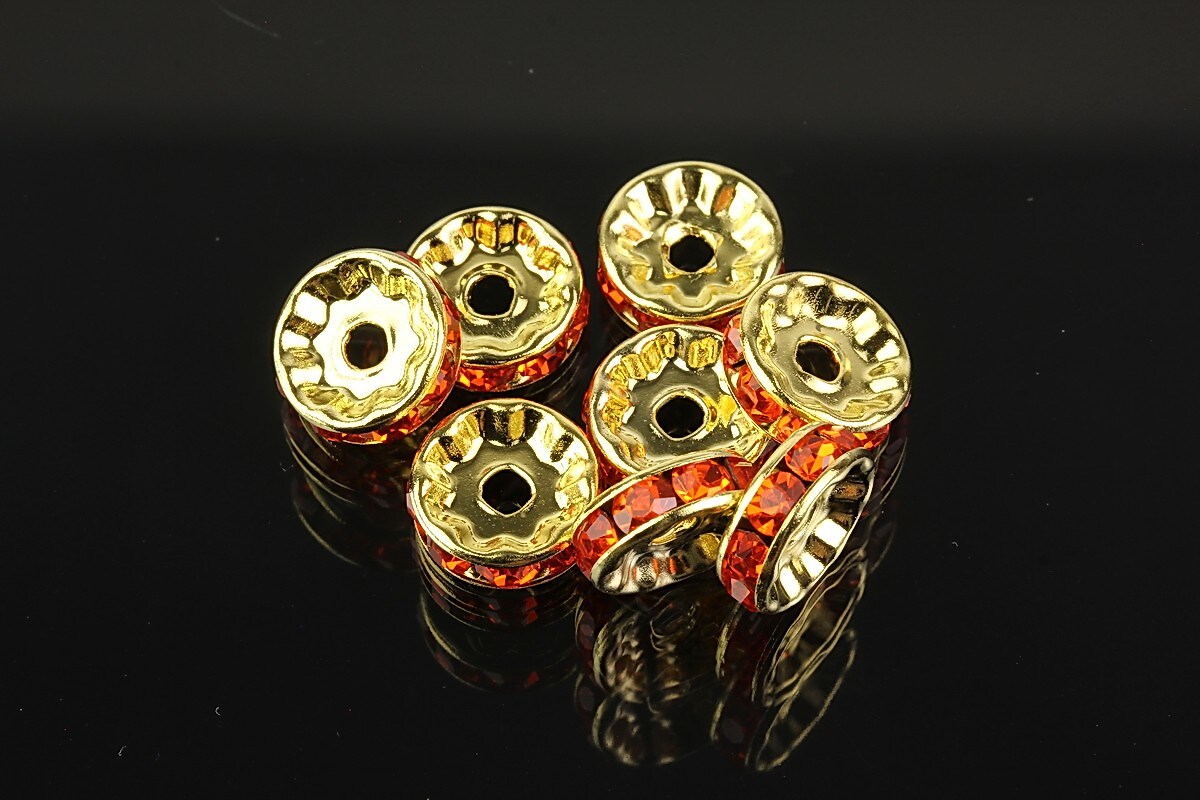 Distantiere aurii cu rhinestones rosu deschis 10mm (rondele 3,5x10mm)