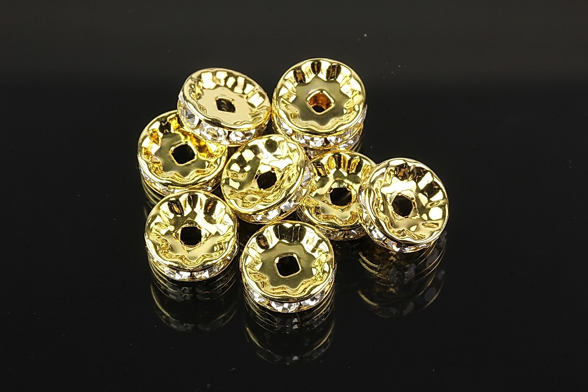 Distantiere aurii cu rhinestones albe 10mm (rondele 3,5x10mm)