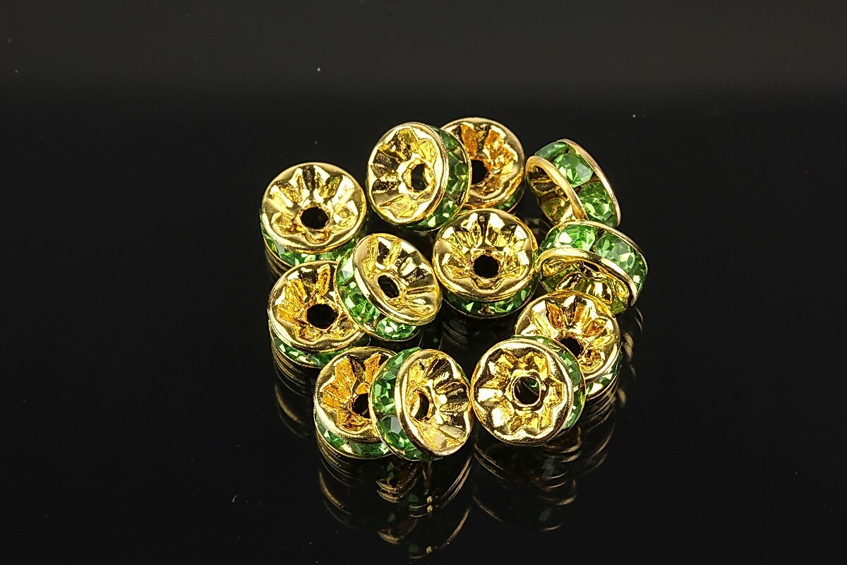 Distantiere aurii cu rhinestones verzi 8mm (rondele 3,5x8mm)