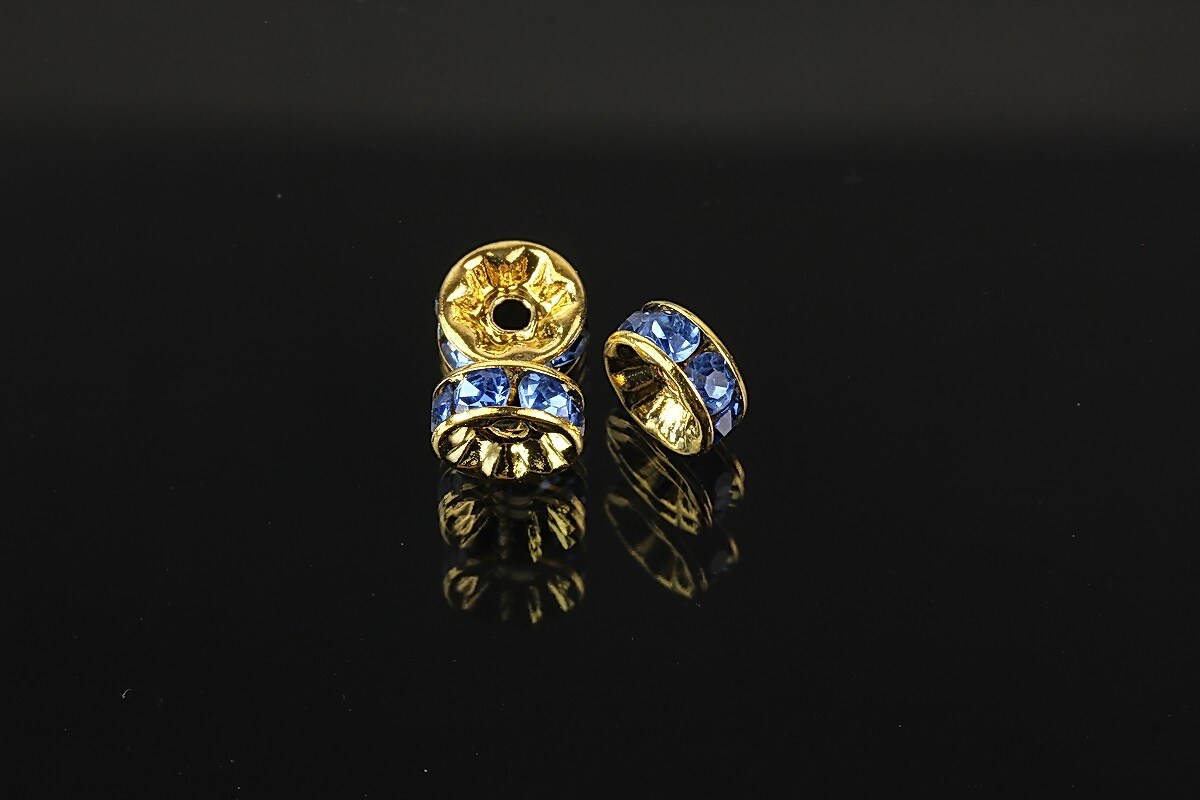 Distantiere aurii cu rhinestones albastre 8mm (rondele 3,5x8mm)